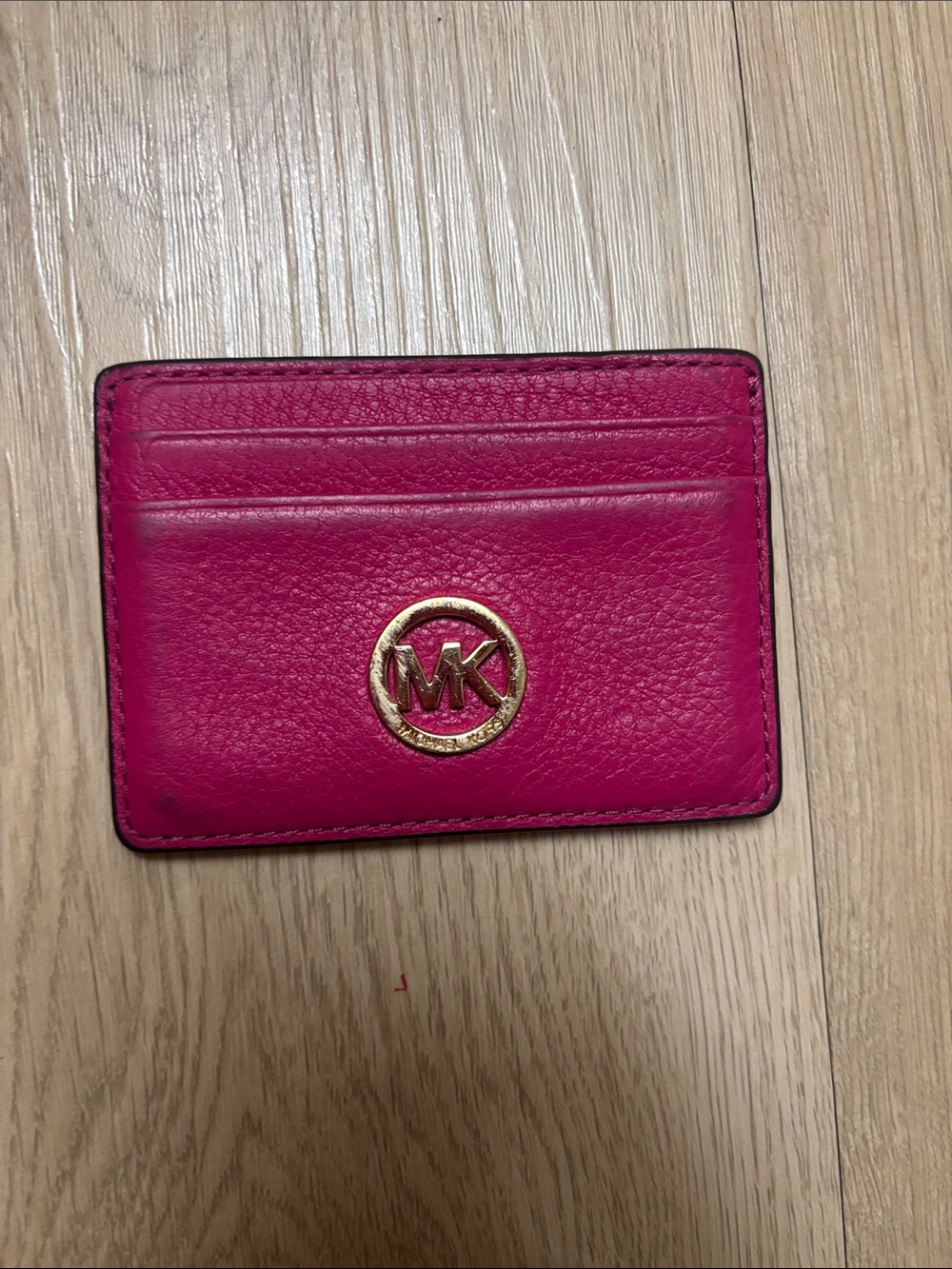 Michael Kors Hot Pink Pebbled Leather Card Case with Gold Logo